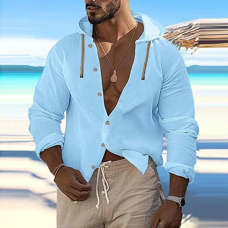 Capuz monocromático casual masculino, camisa de praia, manga comprida, abotoado com renda, camisas de algodão com capuz, cardigã solto respirável