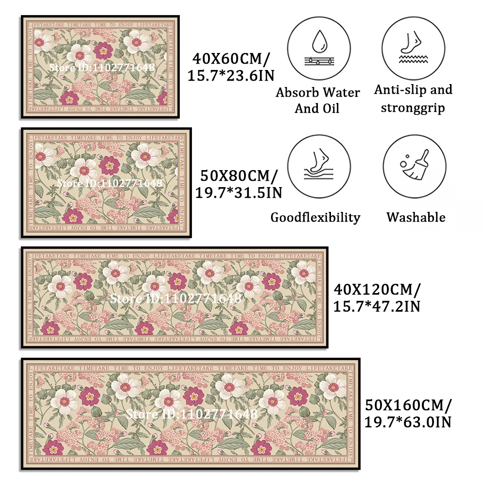 Absorbent Non-slip Floral Vintage Kitchen Long Floor Mat Quality Washable Bedroom Corner Rug Entrance Doormat Waterproof Carpet view 5