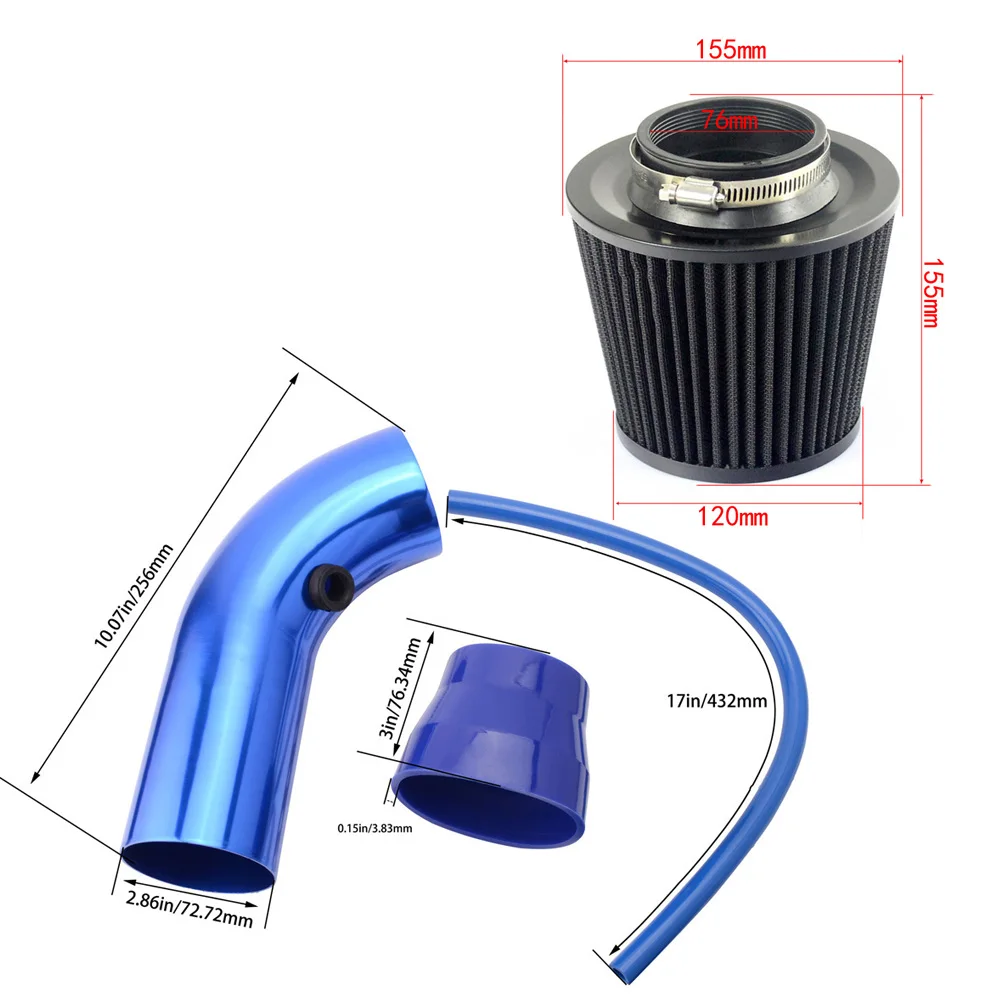 Universal 76mm Car Racing Cold Air Intake System Turbo Induction Pipe Tube Kit Aluminum With Cone Air Filter Inlet