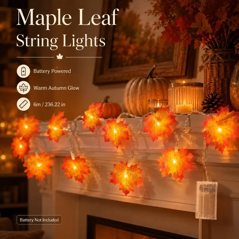 6M40LEDs Realistic Maple Leaf String Lights Battery-Powered Warm-Colored Decorative Lighting Indoor Home Halloween Decorations