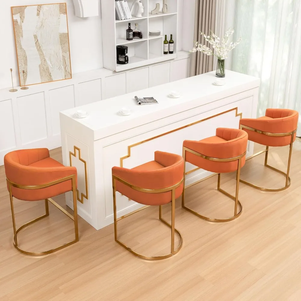

Counter Height Bar Stools Set of 4, Modern 27" H Barrel Counter Stools with Shell Back, Gold Velvet Bar Stools