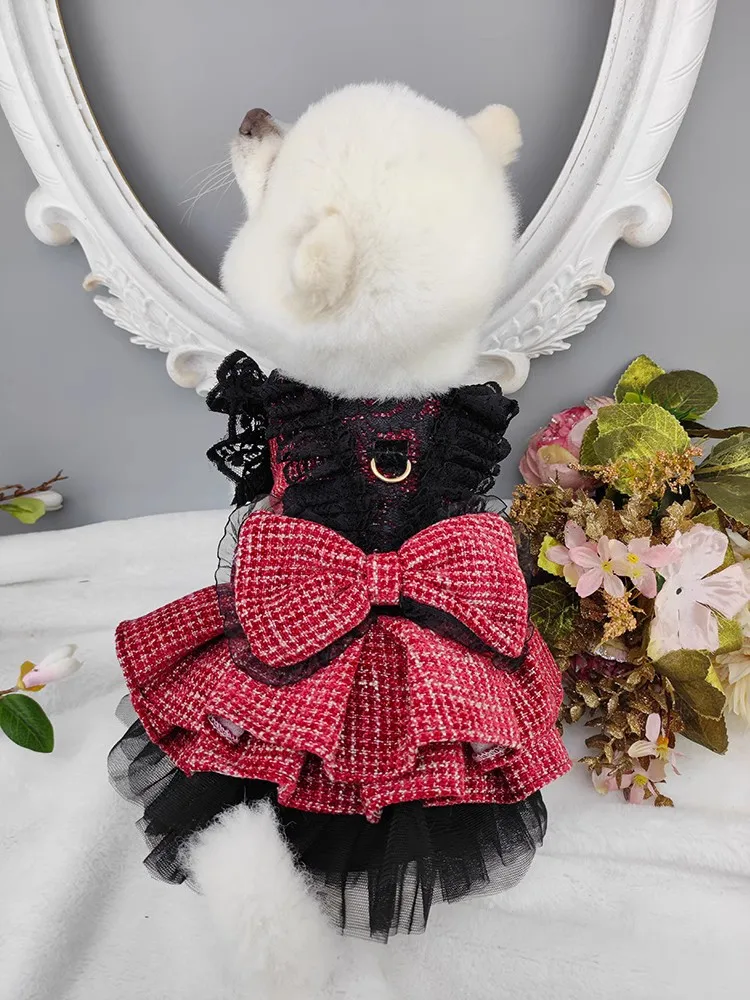 Handmade Dog Clothes Pet Supplies Fashion Design Elegant Classic Burgundy Plaid Black Lace Coat Dress Festival Daily Walking