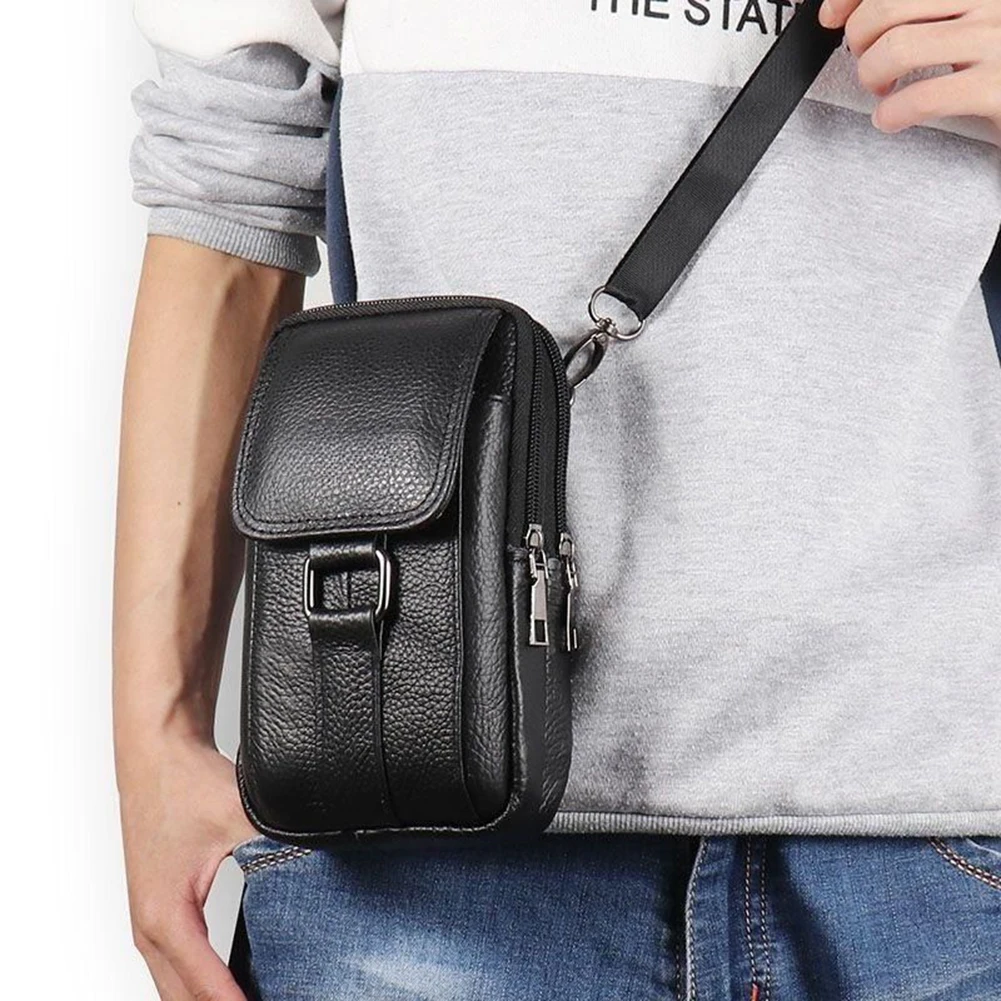 Portable Fanny Pack Waist Bag Cowhide Leather Cell Phone Belt Pack Fashion Simple Multi-pockets Casual for Outdoor Sport
