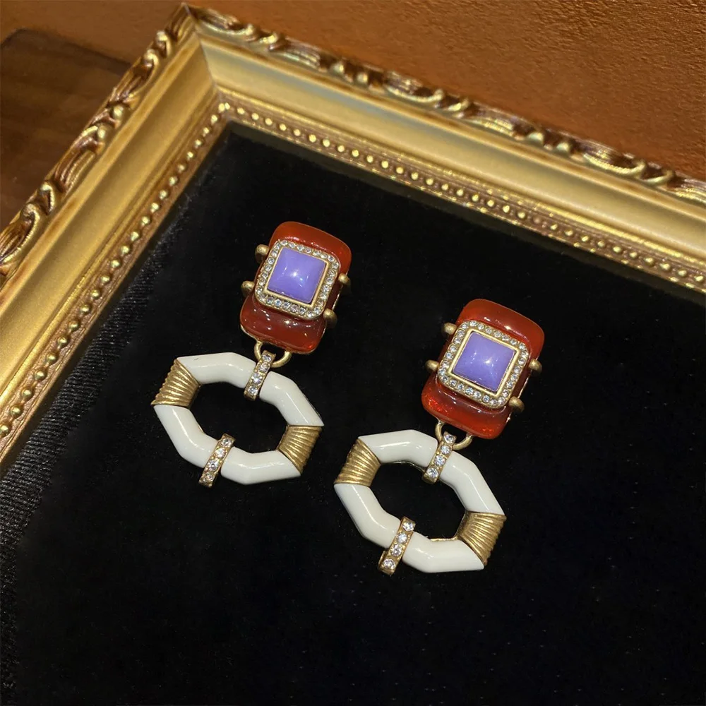 

Medium copper 18K vintage gold with geometric earrings white decree with purple design for women jewlry whosale