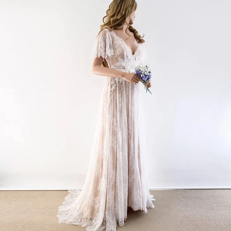 Vestido de novia de encaje con escote en V, traje de novia con Espalda descubierta, corte en A, estilo bohemio, 2022