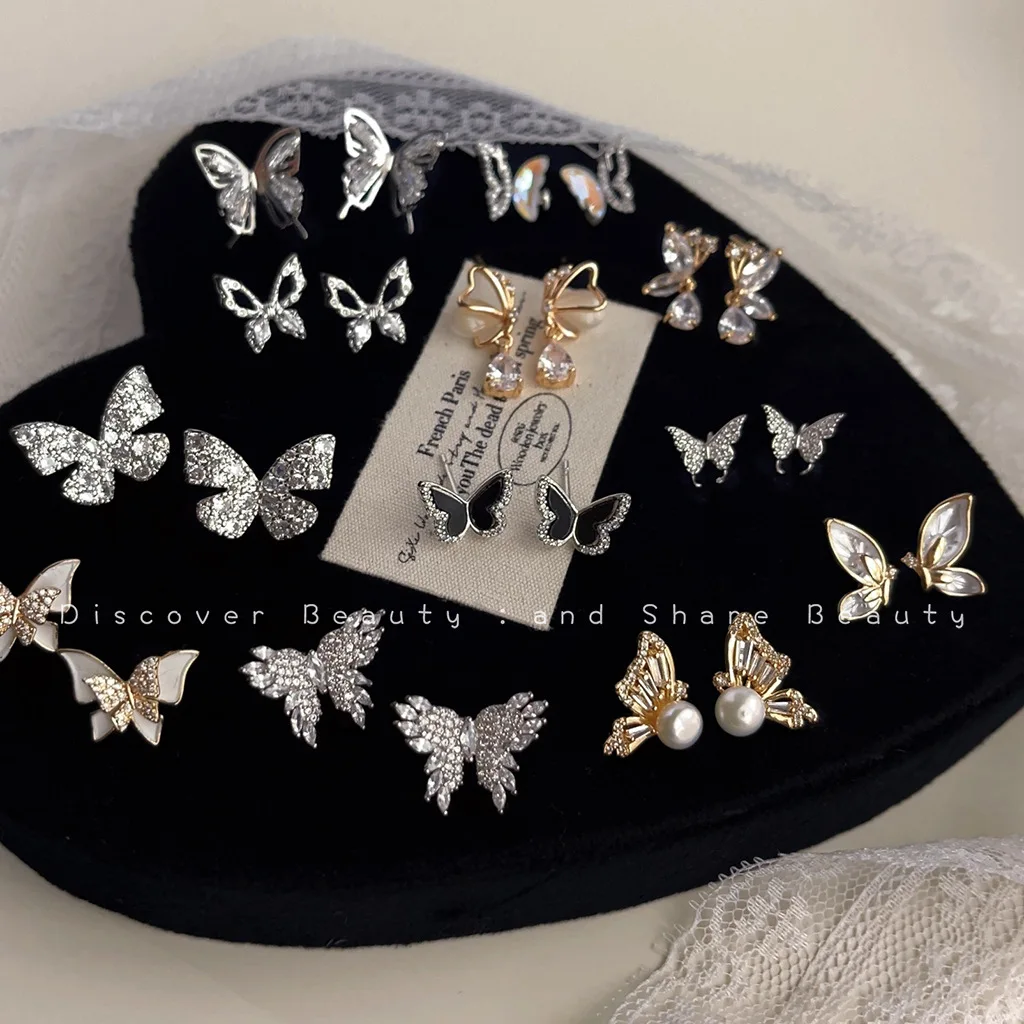 DIY accessories Sweet temperament zircon butterfly stud earrings women's niche gentle light luxury earrings fashion Korean high-