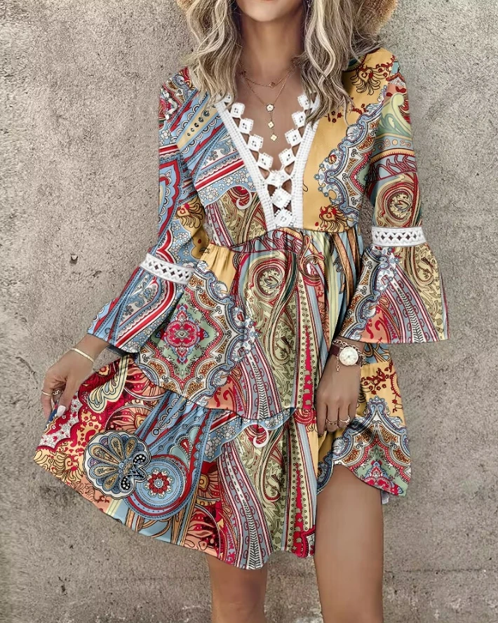 

Vintage Mini Dresses for Women 2024 Spring Short Flare Sleeve V Neck Bohemian Tribal Print Hollow Out Crochet Lace Casual Dress