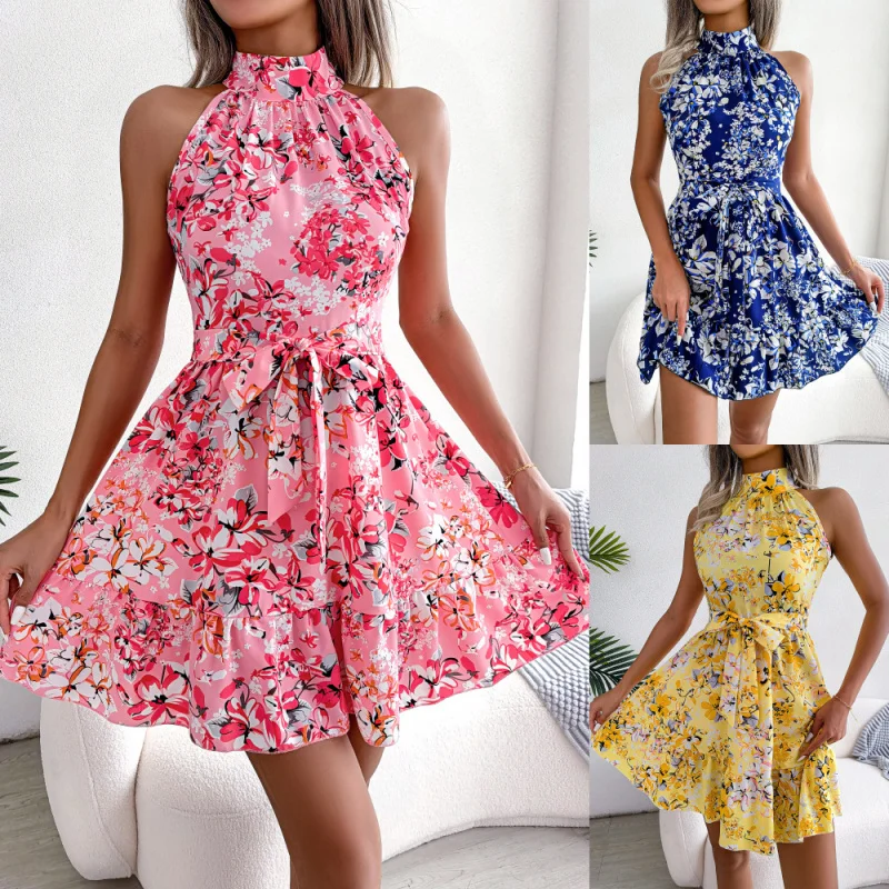 

Internet Celebrity Real Shot Spring and Summer New Elegant Tied Ruffled Large Swing Floral Dress Independent Station Women's Clo