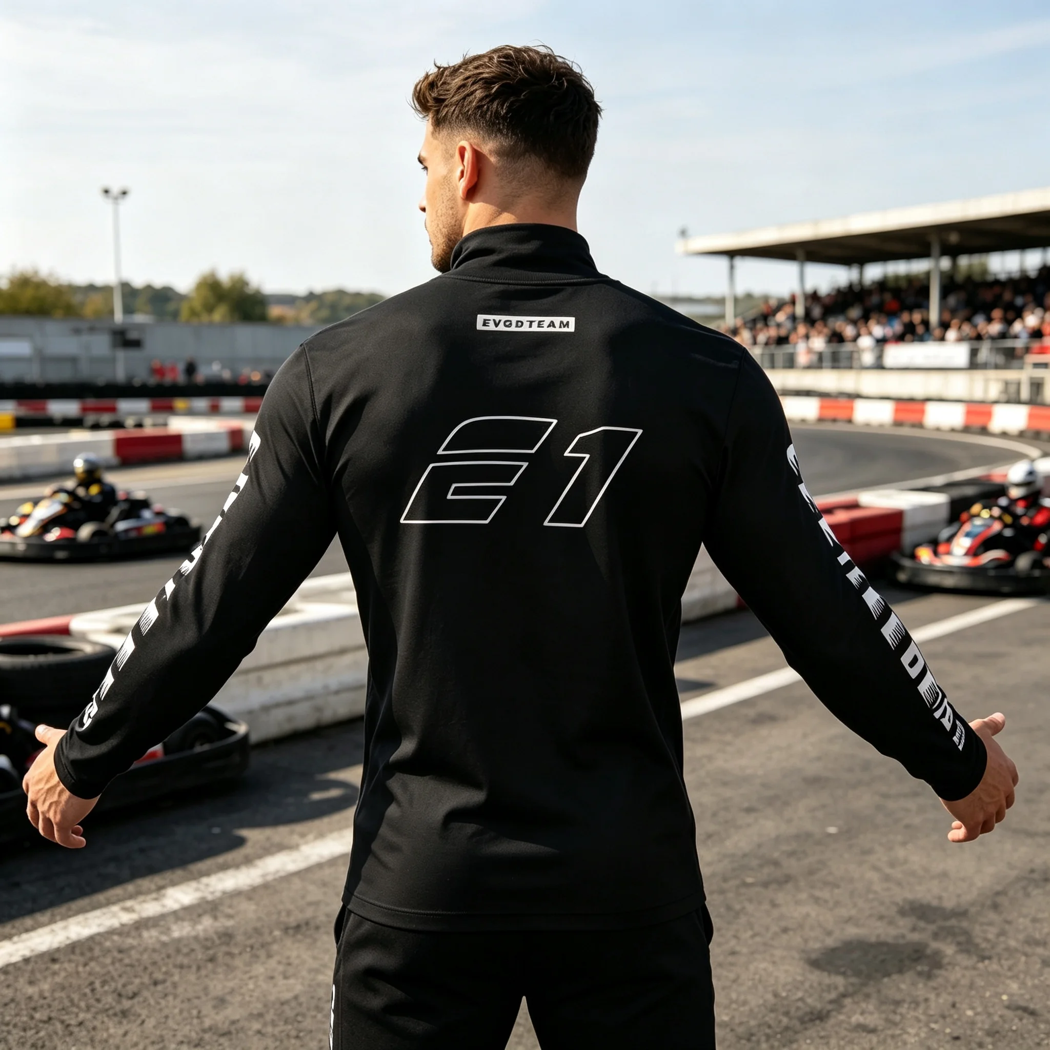 Herren Schwarzes Langarm-T-Shirt mit E1-Logo-Print für Rennsport-Teams, Motocross, Karting, Motorsport, Sport-Langarm-Oberteil – Detail 7