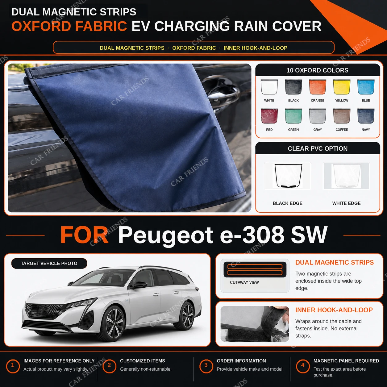 For Peugeot e-308 SW Oxford Fabric EV Charging Port Rain Cover with Dual Magnetic Strips
