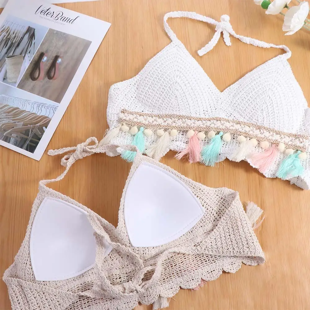 Daily Style Sleeveless Female Crochet Camisole Short V Neck Bohemian Style Vest Hot Tops Tassel Knitting Crop Tops Party