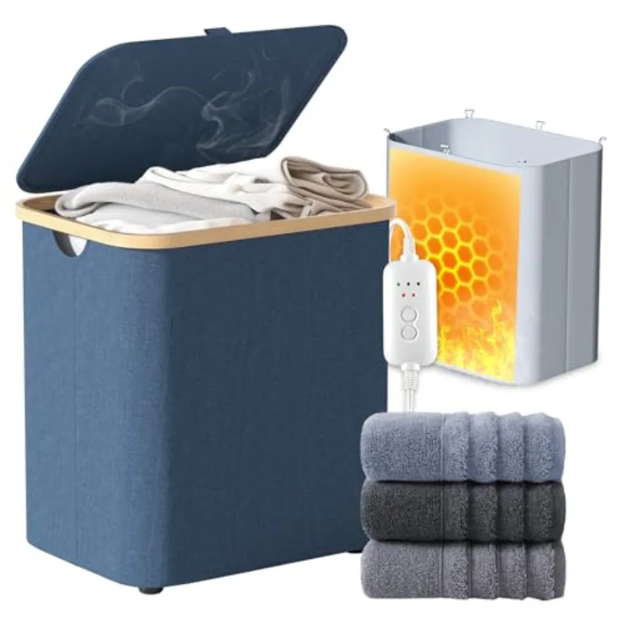 

Складной подогреватель для полотенец и корзина для белья 2-в-1 для ванной комнаты со съемным нагревательным элементом, быстрый нагрев за 20/40/60 минут