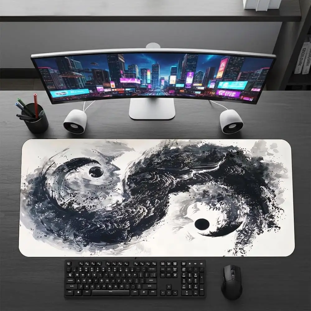 XXL Extended Gaming Desk Mat Chinese Ink Dragon Yin Yang Print Oriental Tattoo Mechanical Dragon Mouse Pad Non Slip Rubber Base