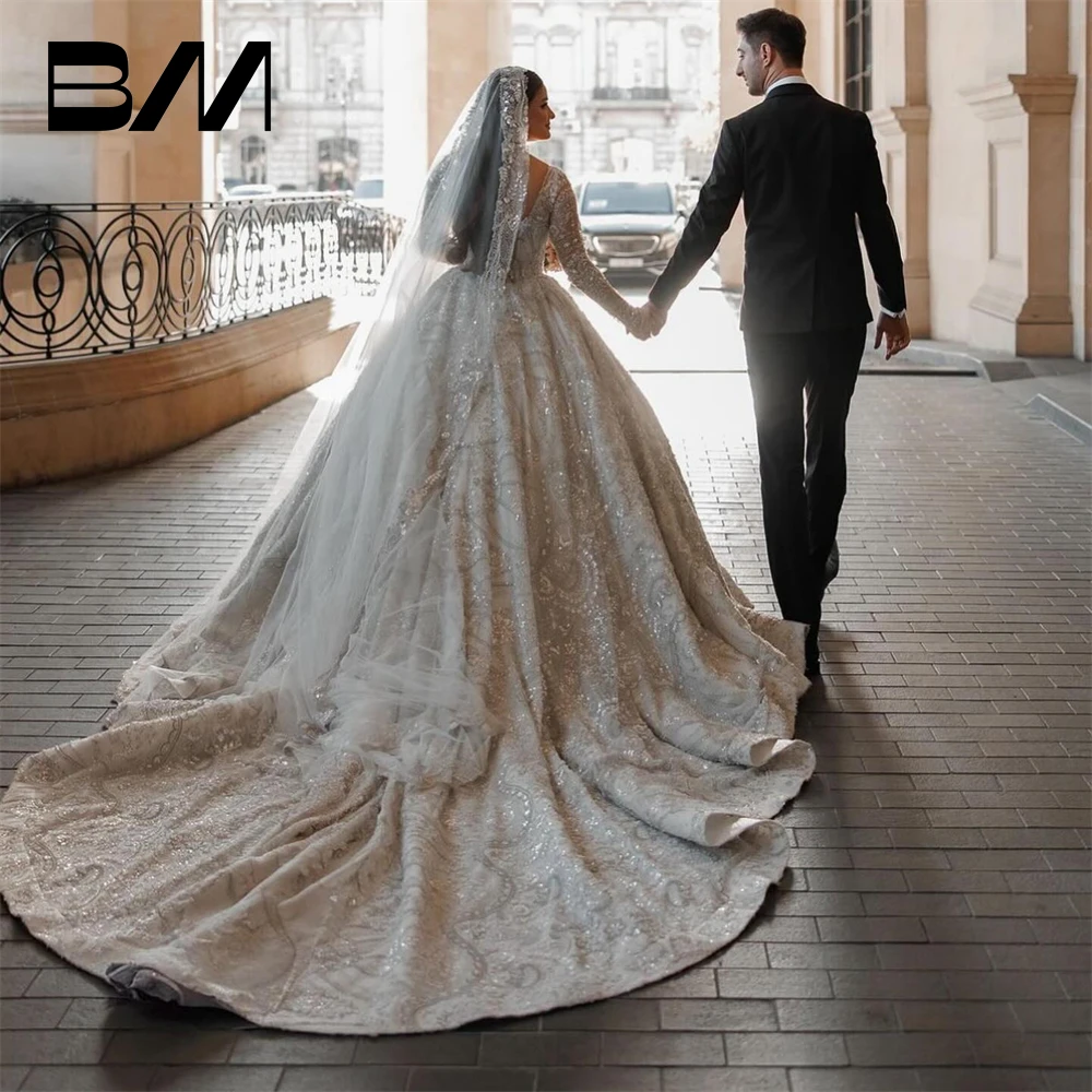 Embroidery Ballgown Wedding Dresses For Women Luxury Arabic Bride Dress Square Neckline Bridal Gown Lace-up Closure Long Chapel