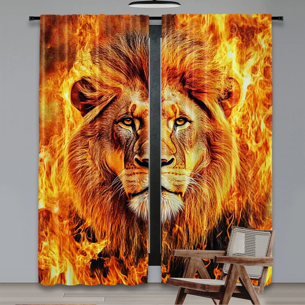 2Pcs Lion In Flames Curtains Burning Flame Lion Head Curtains Lion Art Curtains Apply To Bedroom Living Room Dorm A