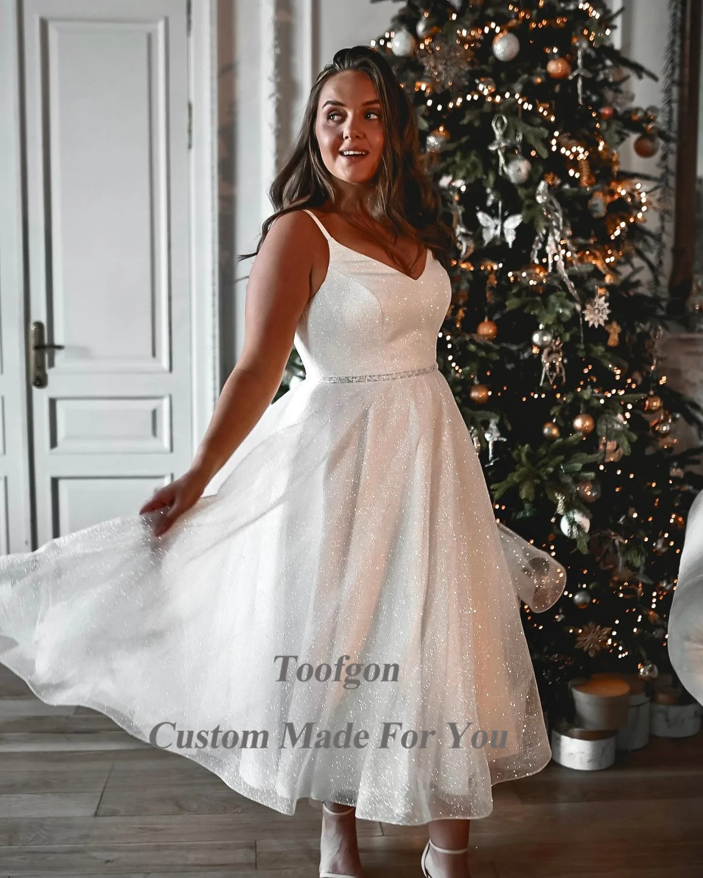 Toofgon-Robe de Mariée Trapèze en Tulle pour Femme, Tenue Formelle à Bretelles Spaghetti, Col en V, Longueur de Rincage, pour les Patients