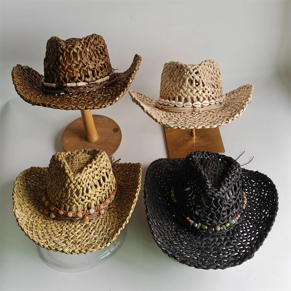 Unisex Corn Husk Straw Western Cowboy Hat Bohemian Colorful Beaded Band Hollow Out Wide Brim Sun Hat Summer Beach Vacation Hay