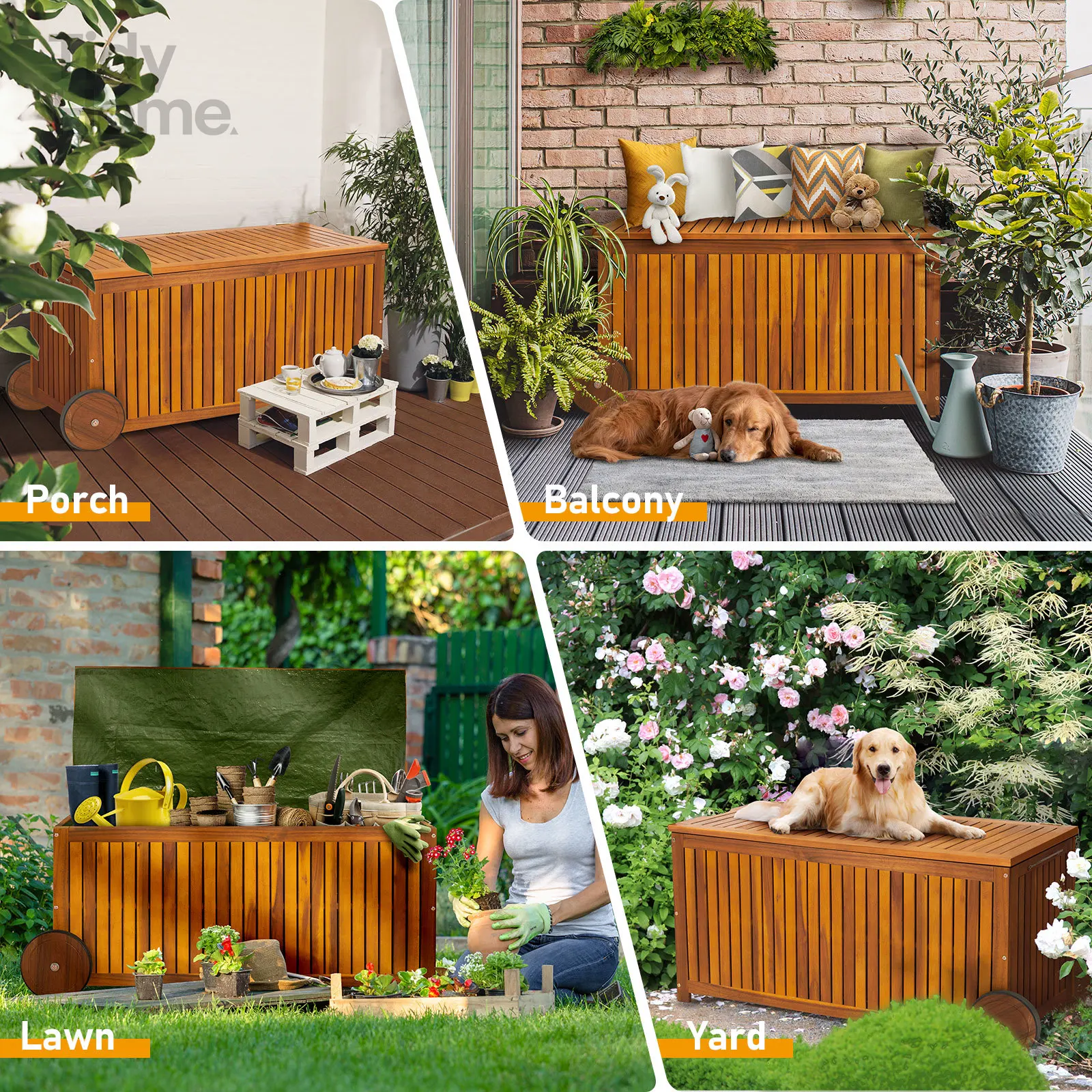 57 Gallon Outdoor Wood Storage Container Mutifunctional Garden Storage Bench Pool Deck Box, Natural Wood Color storage shed