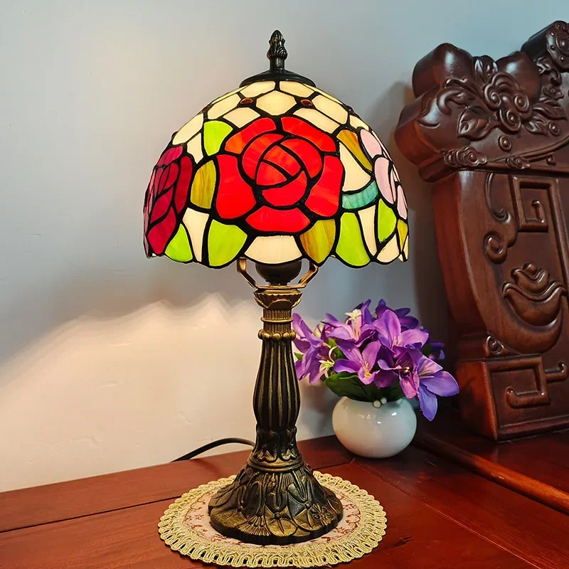 American Retro Tiffany Stained Glass Nostalgic Table Lamp Restaurant Bedside Lamp Retro Cafe Bar Creative Lamp