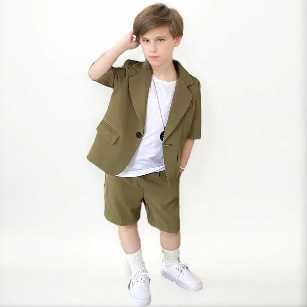 

Boys Casual Summer Short-sleeved Suit Set Child Handsome Photography Catwalk Performance Costume Kids Blazer Shorts Outfit