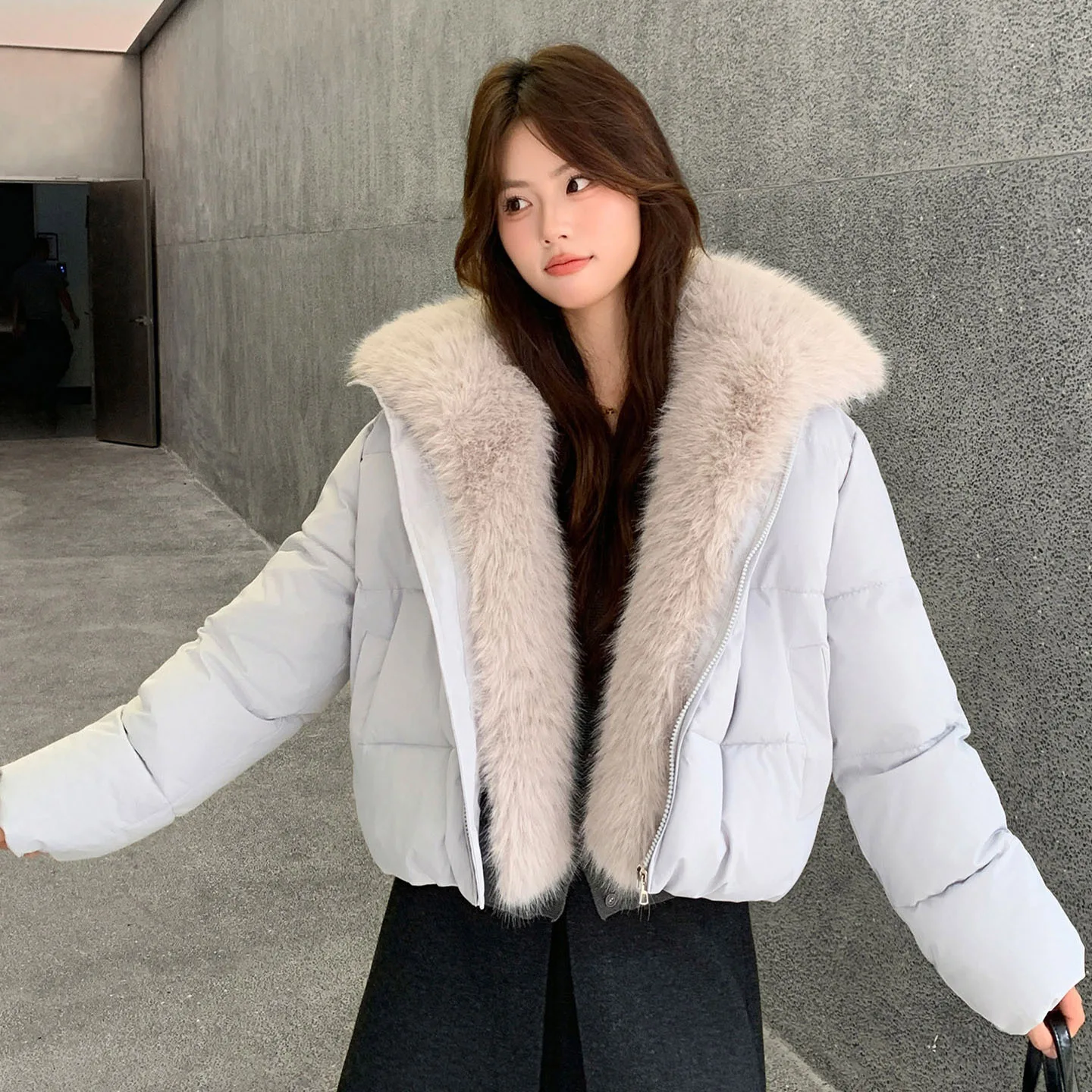Winter Short Padded Jacket for Women Korean Style Faux Fur Lapel Loose Warm Cotton Coat Long Sleeved Casual Thick Outerwear