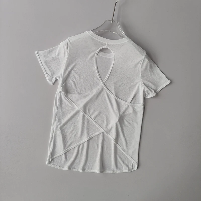 Yoga Clothes Women's Blouse Short-sleeved Hollow Cross Thin Mesh Beautiful Back Outside Shirts Slim Fitness Sports Top Clothing image 5