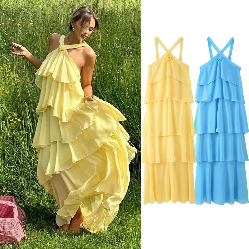 3d flor babados em camadas vestidos femininos elegante chiffon sem costas sem mangas fofo vestido longo 2025 verão nova senhora praia robes