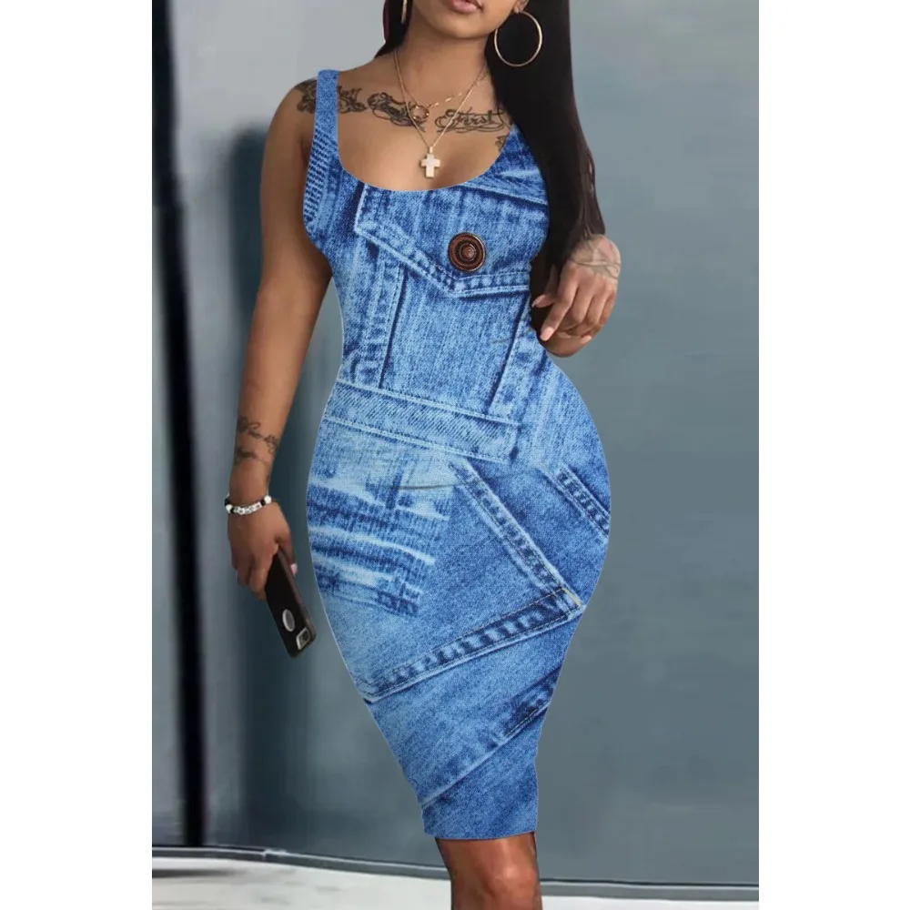 

Summer Dress Vintage Blue Basic Robe Sexy Bodycon Tank Dress Fashion Women Y2K Club Street O Neck Mini Dress Party Vestido