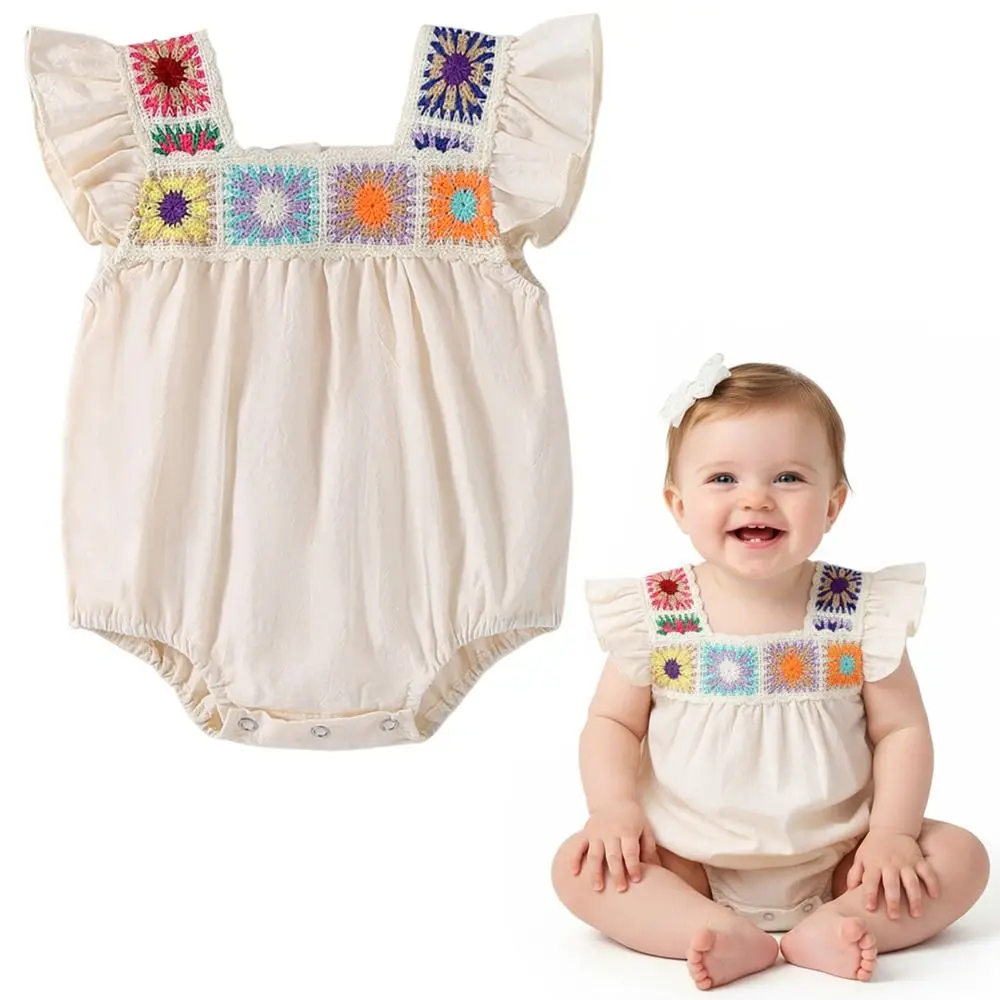 Ruffle Sleeveless Baby Girl Romper Square Neck Boho Outfit Onesie Bubble Romper Crochet Floral Infant Bodysuit Summer Clothes