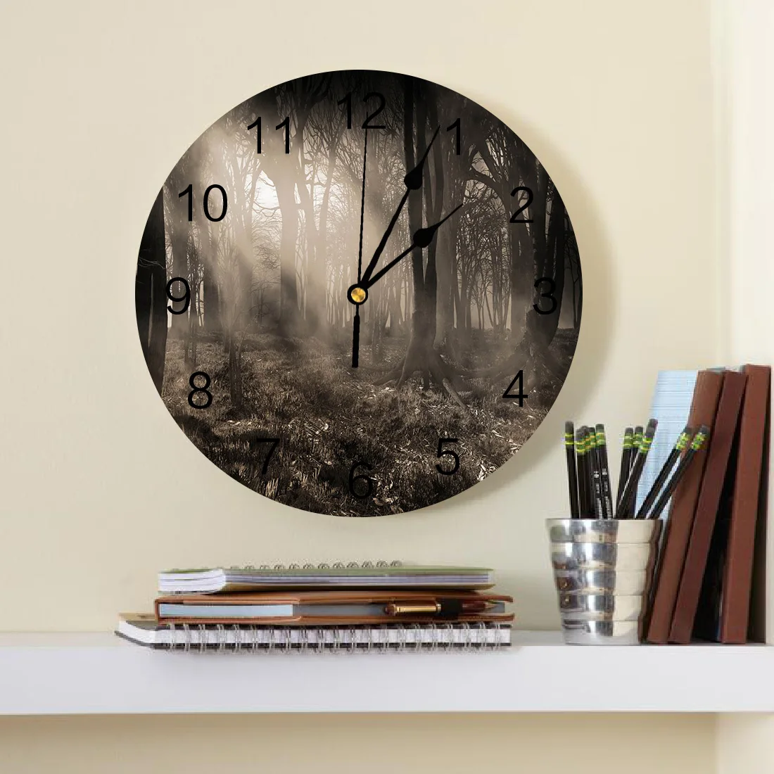 Light Dark Horror Foggy Forest Round Wall Clock Acrylic Hanging Silent Time Clock Home Interior Bedroom Living Room Office Decor