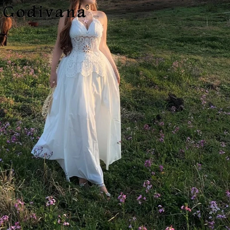 

Spring Summer Vacation French Sexy V-Neck Hollow Halter Neck White Dress Girl A-line High Waist Sleeveless Backless Long Dresses