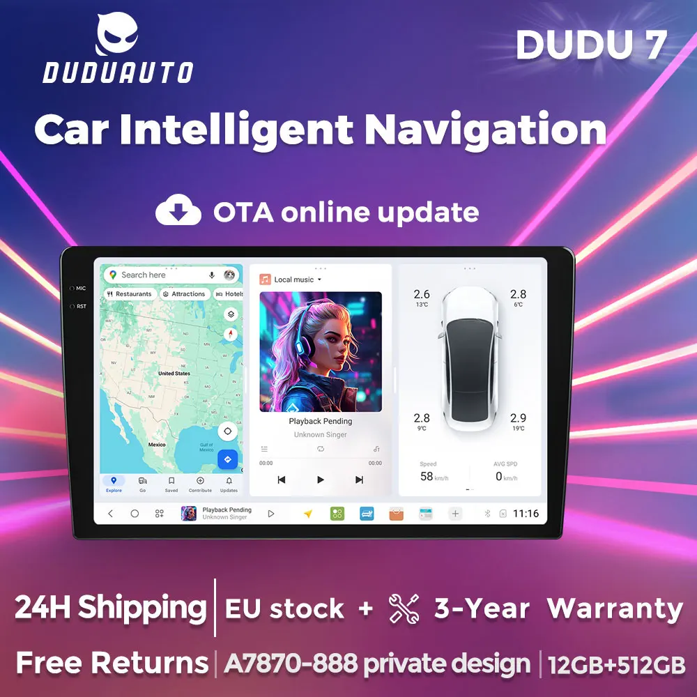 DUDUAUTO DUDU7 DUDU3 Reproductor Multimedia Inteligente Universal para Auto de 9.5" 10.36" 11.5" con Carplay Inalámbrico, Android Auto, Navegación GPS, Radio para Auto, 4G LTE, DS, DTS, RDS, FM para BENZ, BMW, Renault, Alfa, Volkswagen, VW, SEAT, Toyota, Honda, Compatible con YOUTUBE, Netflix, Sin Unidad de DVD 1