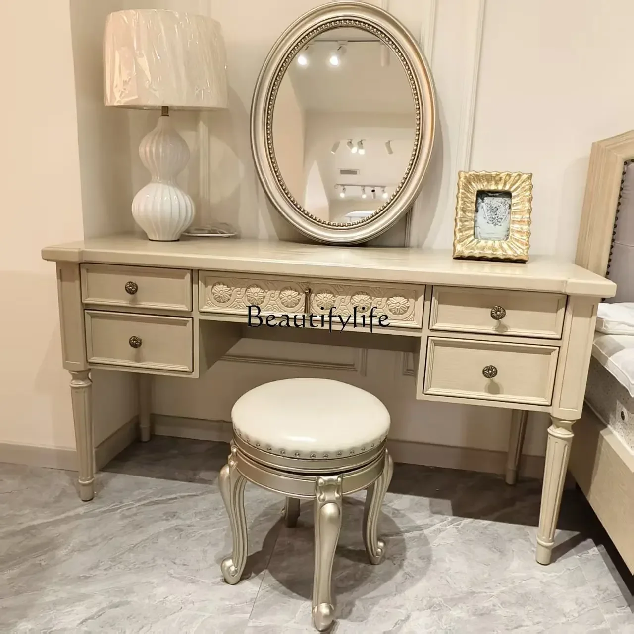 

09 Dressing Table Solid Wood Carved Writing Desk Distressed Carved American Retro