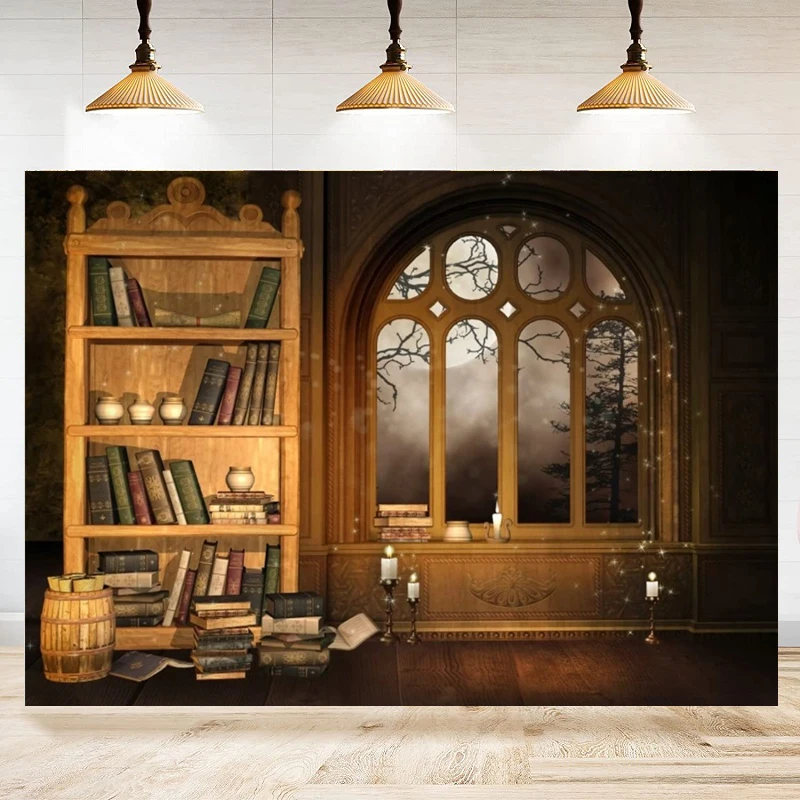 Vintage Magic Room Photography Background Retro Bookcase Backdrop Old Bookshelf Window Book Candle Moon Night Girl Boy Portrait