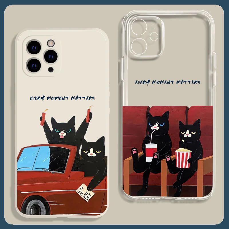 Jokes Black Cat Phone Case For IPhone 15 Pro Max 11 12 13 14 Mini X XR 7 8 SE Plus SE2022 Kawaii Carton Animals Cute Cats Covers