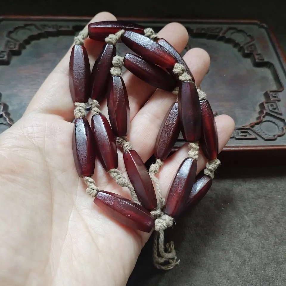 Boho Vintage Dark Red Elongated Glass Bead Necklace Handmade Linen Rope Wrapped Oval Stone Ethnic Jewelry Gift