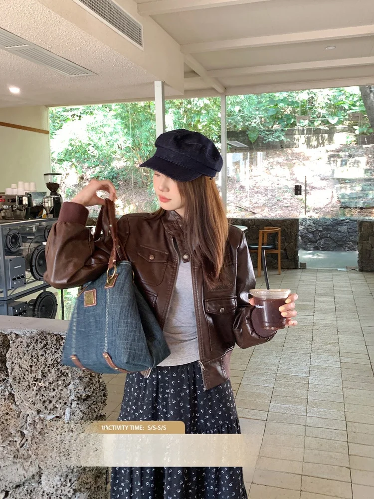 Uniwersalna damska kurtka skórzana, designerska, z nutą osobowości, w stylu retro, idealna do dojazdów do pracy, luźny krój, długi rękaw, zapinana na zamek.