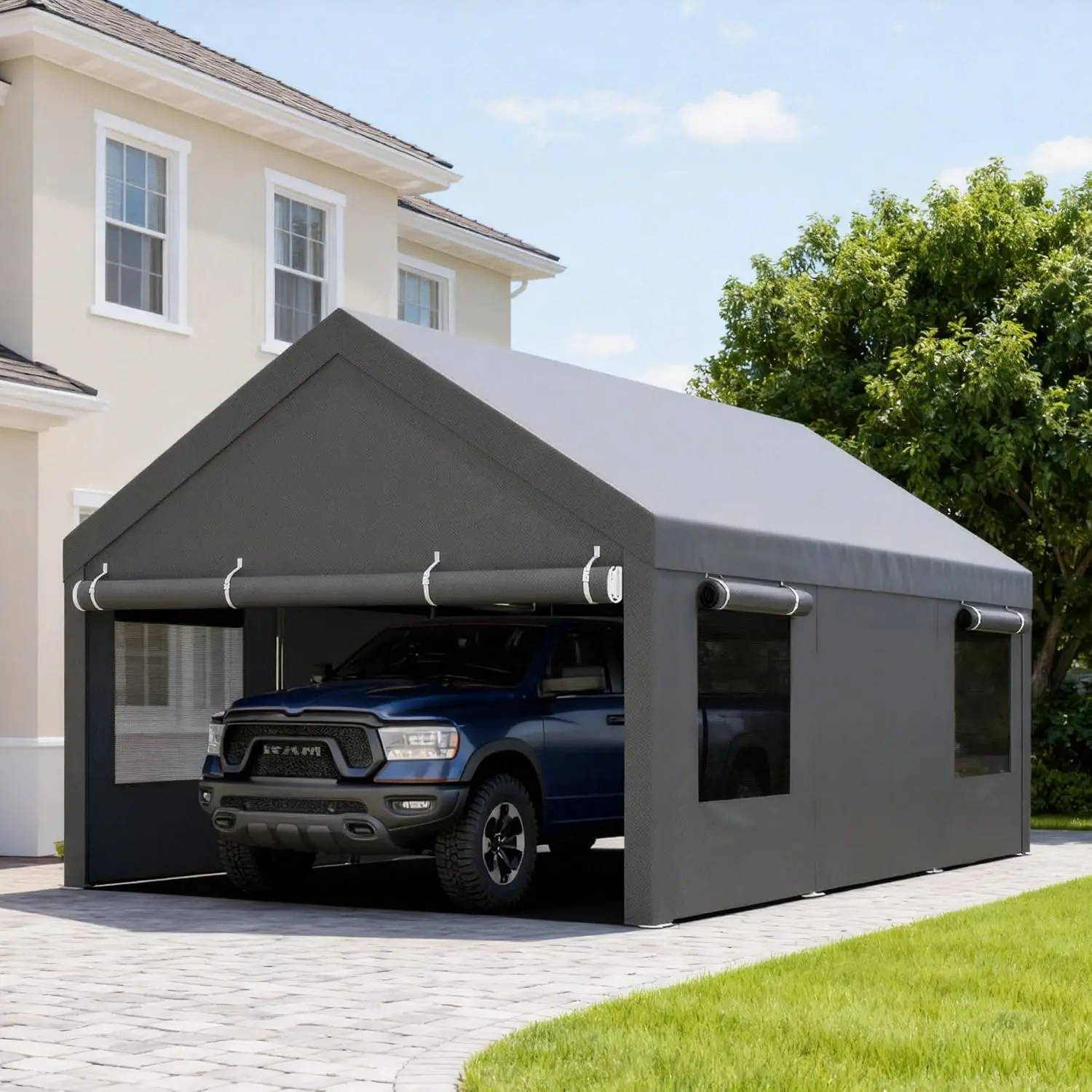 Carpa para autos de alta resistencia de 12 x 20 pies, garaje portátil con ventanas enrollables, paredes laterales extraíbles, puertas, sacos de arena, lona para autos, camiones, barcos, color gris