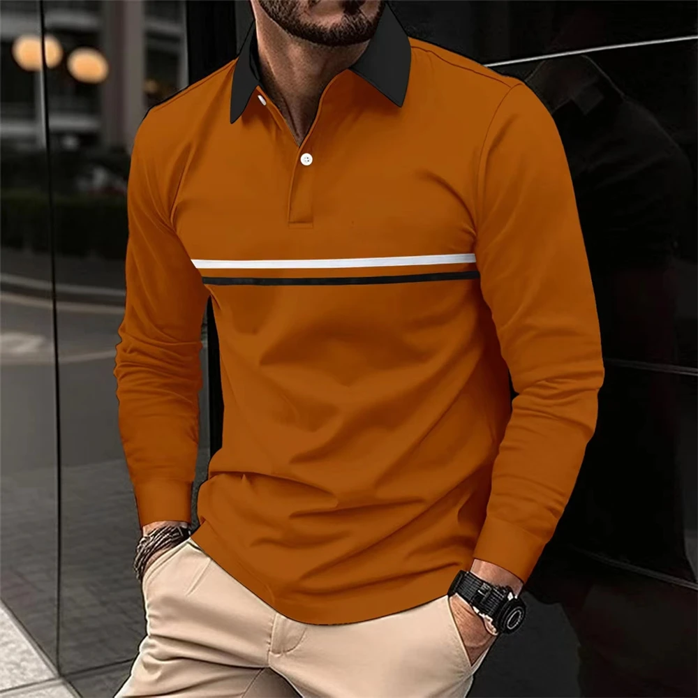 2024 Men New Stripe Long Sleeve Polo Shirt Men Casual Simple Style Polo Shirts Spring Fall Stand Basic Blouse Tees Mens Clothing