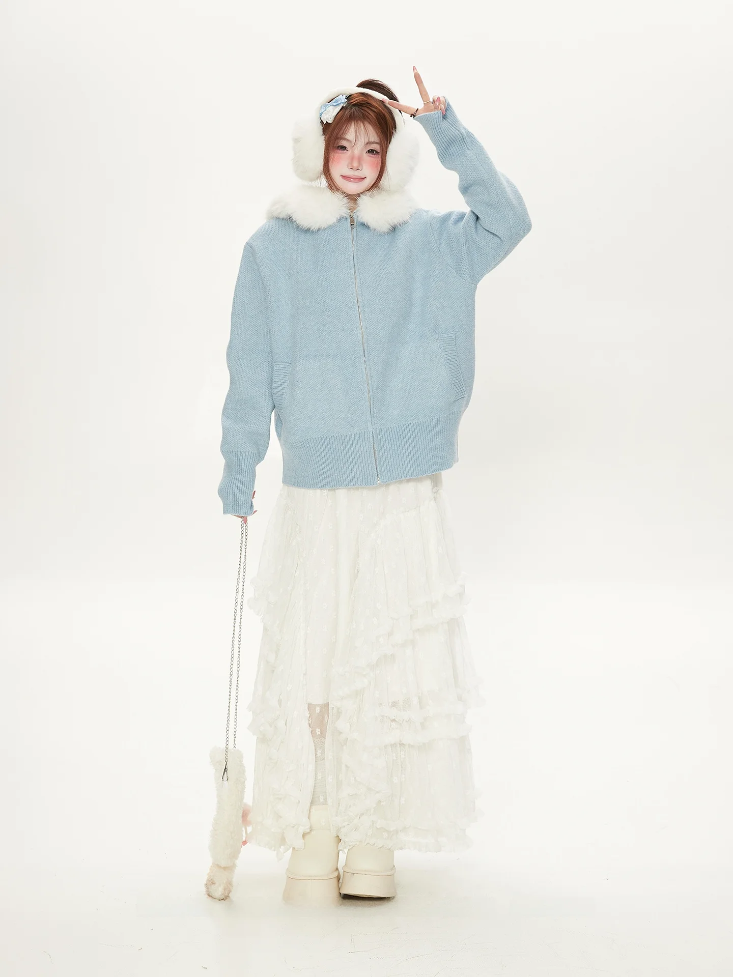 

Autumn Winter Soft Cozy Blue Hooded Cardigan Women's Sweet Lazy Versatile Knitted Sweater with Large Fur Collar Long Sve Z...