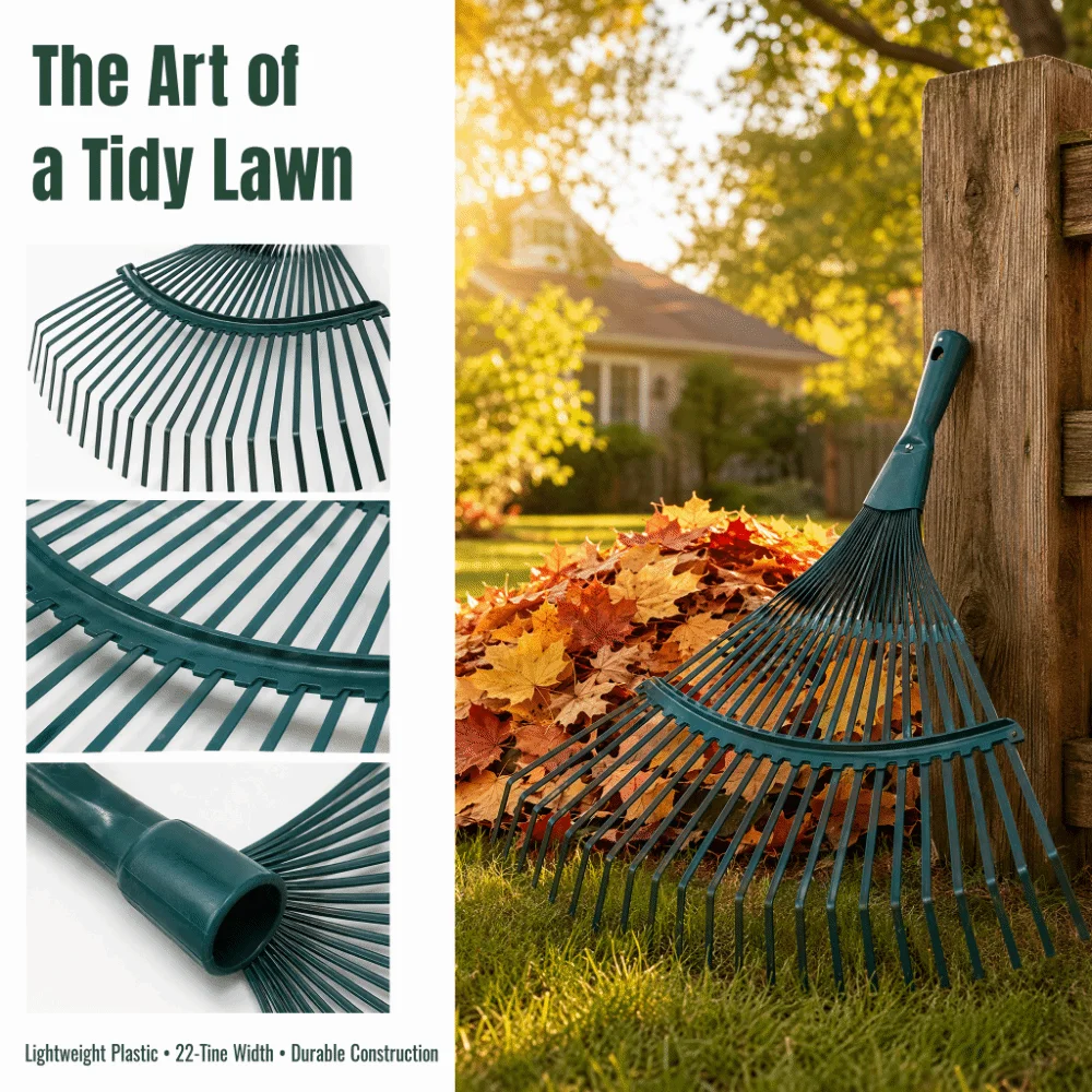 Deciduous Plastic Grass Rake Portable Compact Heavy Duty Weeding Rake Head 22-Tooth Small Shrub Gardening Tool Lawn Cleaning
