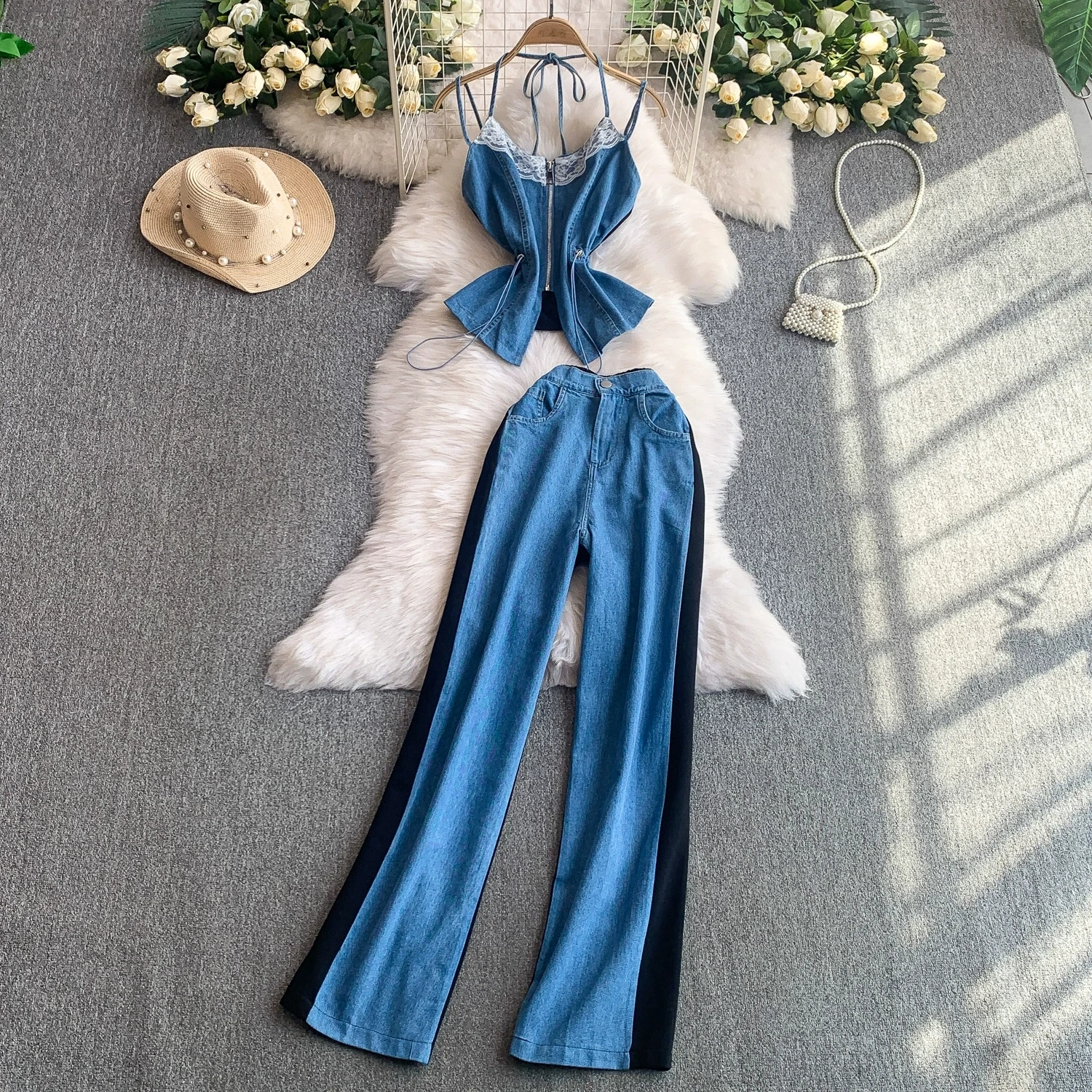 

Женские топы без бретелек с кружевными краями и v-образным вырезом, облегающие талию топы с высокой талией, сшитые джинсовые широкие брюки, комплект одежды