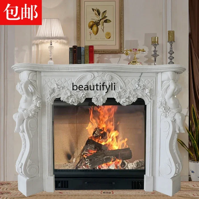 A95 Natural marble fireplace European and American TV cabinet interior decoration stone carving fireplace rack