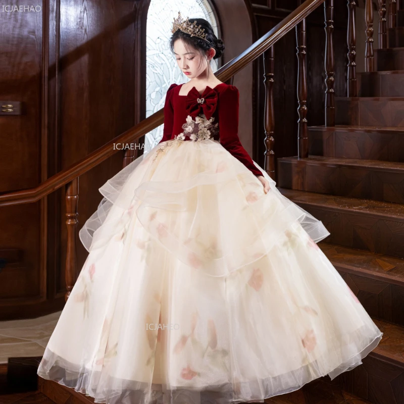 New Kids Red Princess Ball Gown Children Long Sleeve Pageant Dress for Piano Performance Fashion Show Host Elegant Formal Wear