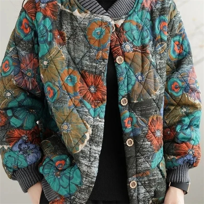 

Женская новая хлопково-льняная пуфоновая одежда с цветочным принтом, короткая стеганая куртка с длинными рукавами, круглая бейсбольная форма, куртка с хлопковой подкладкой, пальто