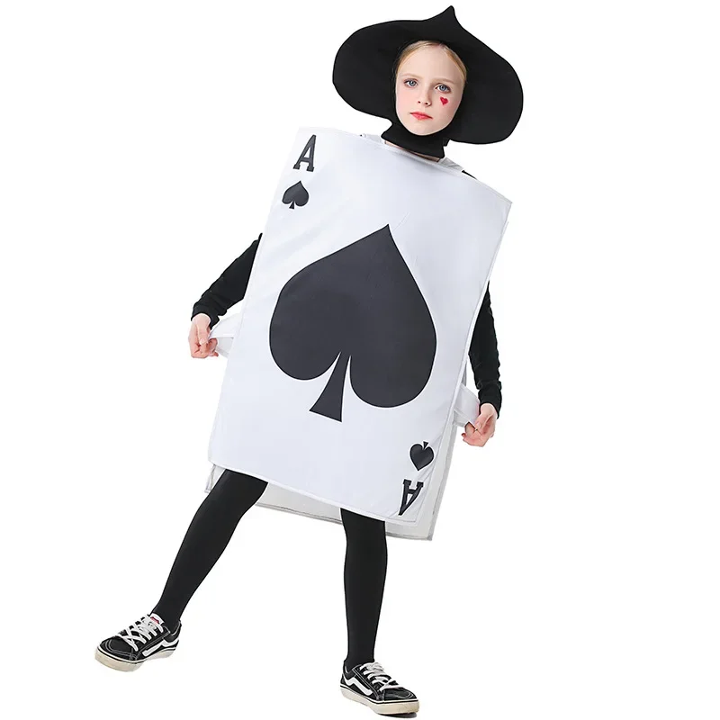 Kid Poker Spade Black A Costume Halloween Child Outfit Purim Boy Girl A Vest Hat Set Alice in Wonderland Cosplay Fancy Dress