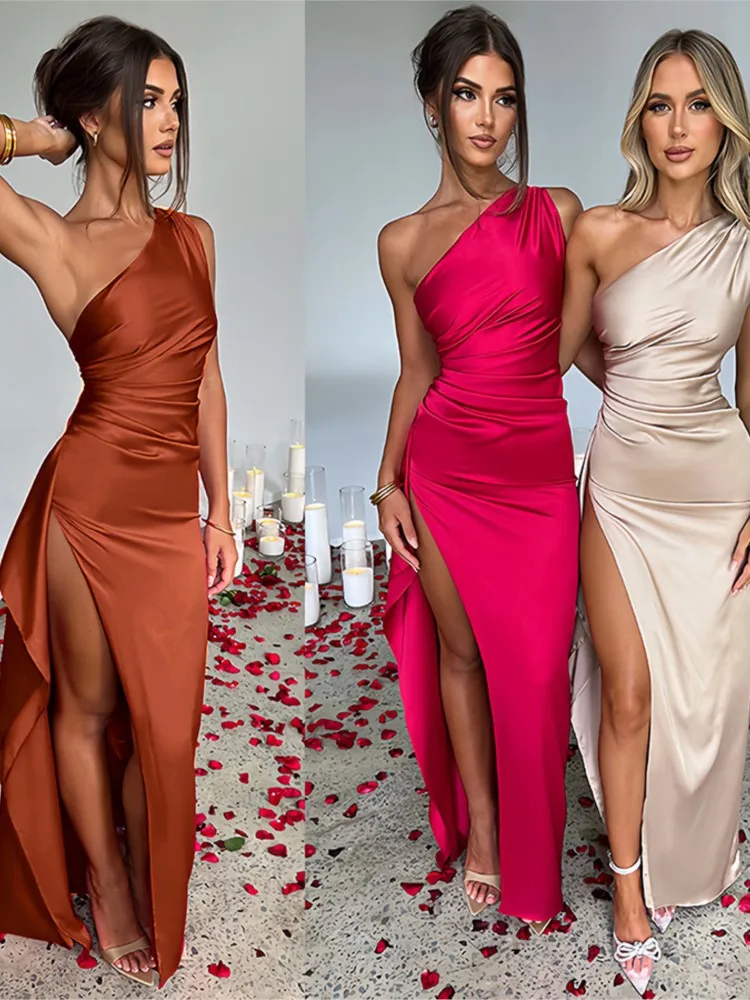 Sommer Sexy Eine Schulter Satin Langes Kleid Für Frauen Ärmelloses Rückenfreies High Split Party Abendkleider Elegantes Cocktailkleid