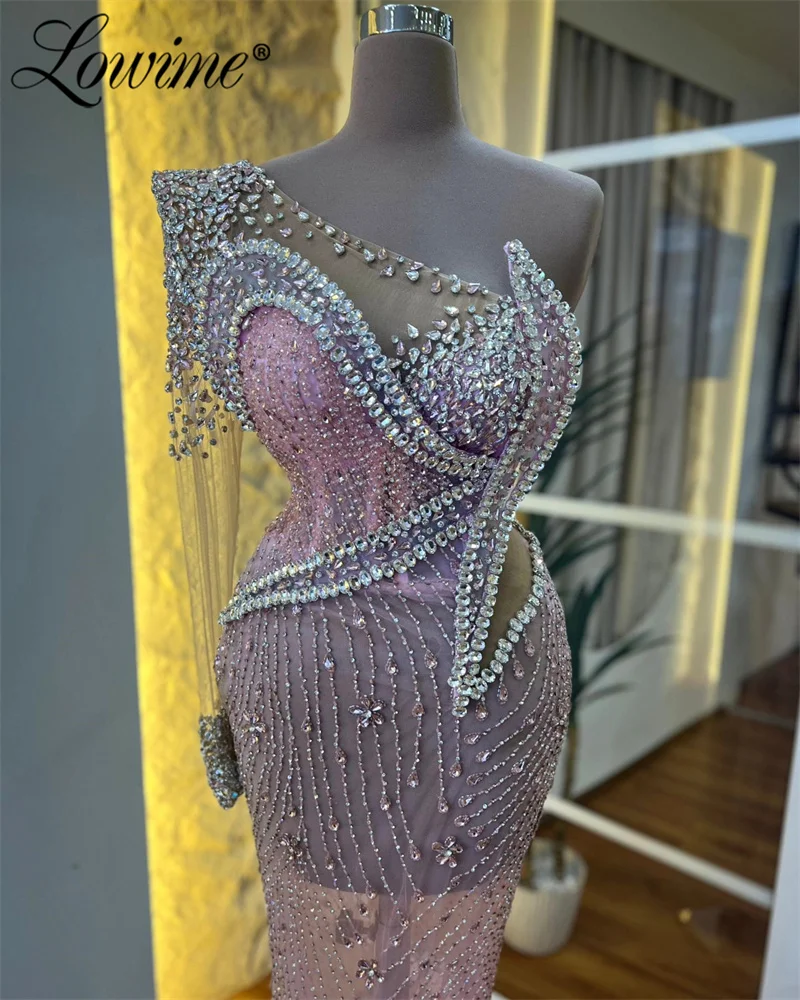 Pink Luxury Celebrity Dresses Customized One Shoulder Crystals Mermaid Prom Dress Women Party Second Reception Evening Gowns