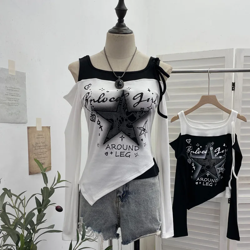 

Y2k Tops Fake Two Contrasting Colors Spice Girl Off-the-shoulder Long-sleeved T-shirt Lace-up Ripped Design Bottom Top