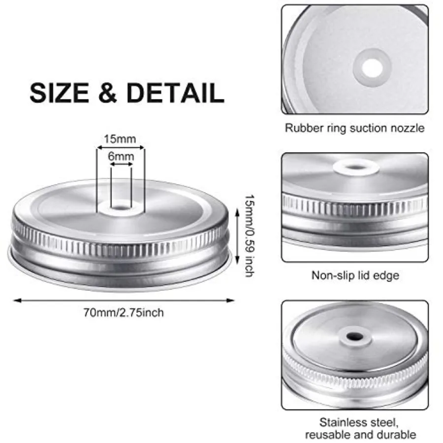 8 Pieces Metal Regular Mouth Mason Canning Jar Lids with Straw Hole Leak Proof Reusable Jar, 2.75 Inch